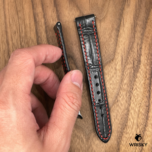 #903 (Quick Release Spring Bar) 18/16mm Black Crocodile Belly Leather Watch Strap with Red Stitches