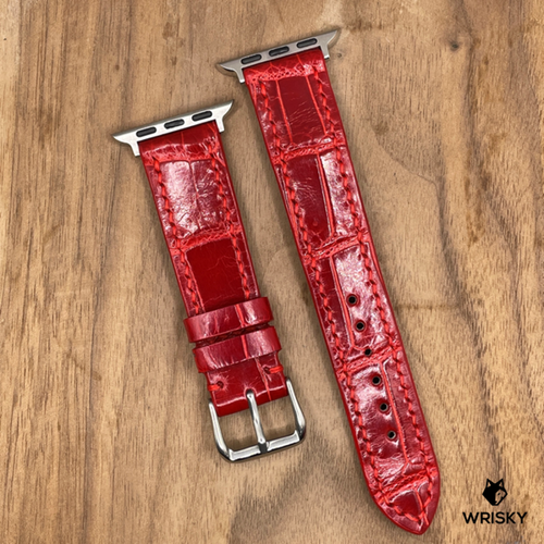 #960 (Suitable for Apple Watch) Red Crocodile Belly Leather Watch Strap with Red Stitches