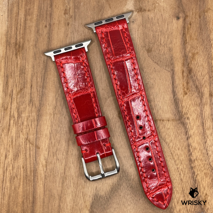 #960 (Suitable for Apple Watch) Red Crocodile Belly Leather Watch Strap with Red Stitches