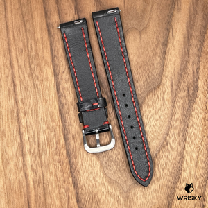 #903 (Quick Release Spring Bar) 18/16mm Black Crocodile Belly Leather Watch Strap with Red Stitches