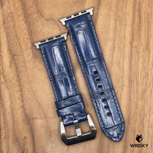 #1035 (Suitable for Apple Watch) Blue Crocodile Belly Leather Watch Strap with Dark Blue Stitches