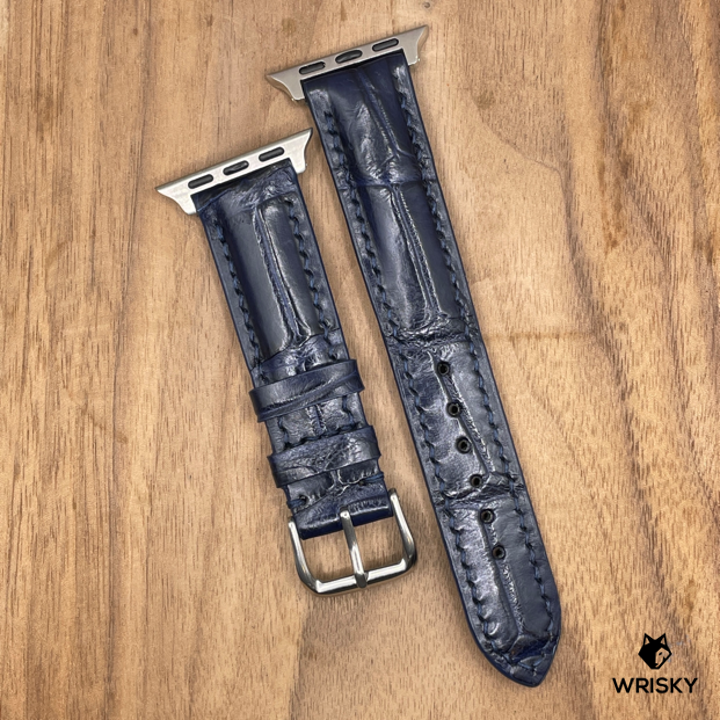 #961 (Suitable for Apple Watch) Dark Blue Crocodile Belly Leather Watch Strap with Blue Stitches