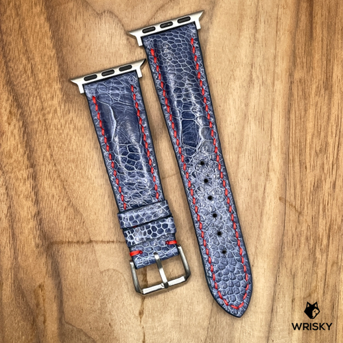 #893 (Suitable for Apple Watch) Deep Sea Blue Ostrich Leg Leather Watch Strap with Red Stitches