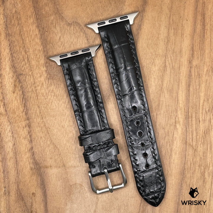 #1007 (Suitable for Apple Watch) Black Crocodile Belly Leather Watch Strap with Black Stitches