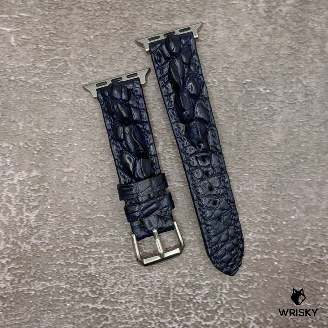 #502 (For Apple Watch) Dark Blue Hornback Crocodile Leather Watch Strap with Blue Stitches