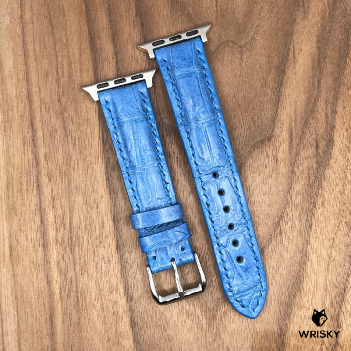 #984 (Suitable for Apple Watch) Sky Blue Crocodile Belly Leather Watch Strap with Sky Blue Stitches