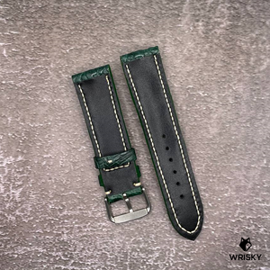 #538 22/20mm Dark Green Hornback Crocodile Leather Watch Strap with Cream Stitches
