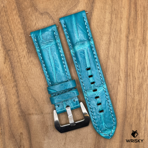 #1021 24/22mm Turquoise Crocodile Belly Leather Watch Strap with Light Blue Stitches