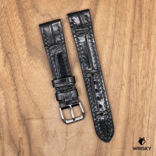 #1066 (Quick Release Spring Bar) 19/16mm Black Crocodile Belly Leather Watch Strap with Black Stitches