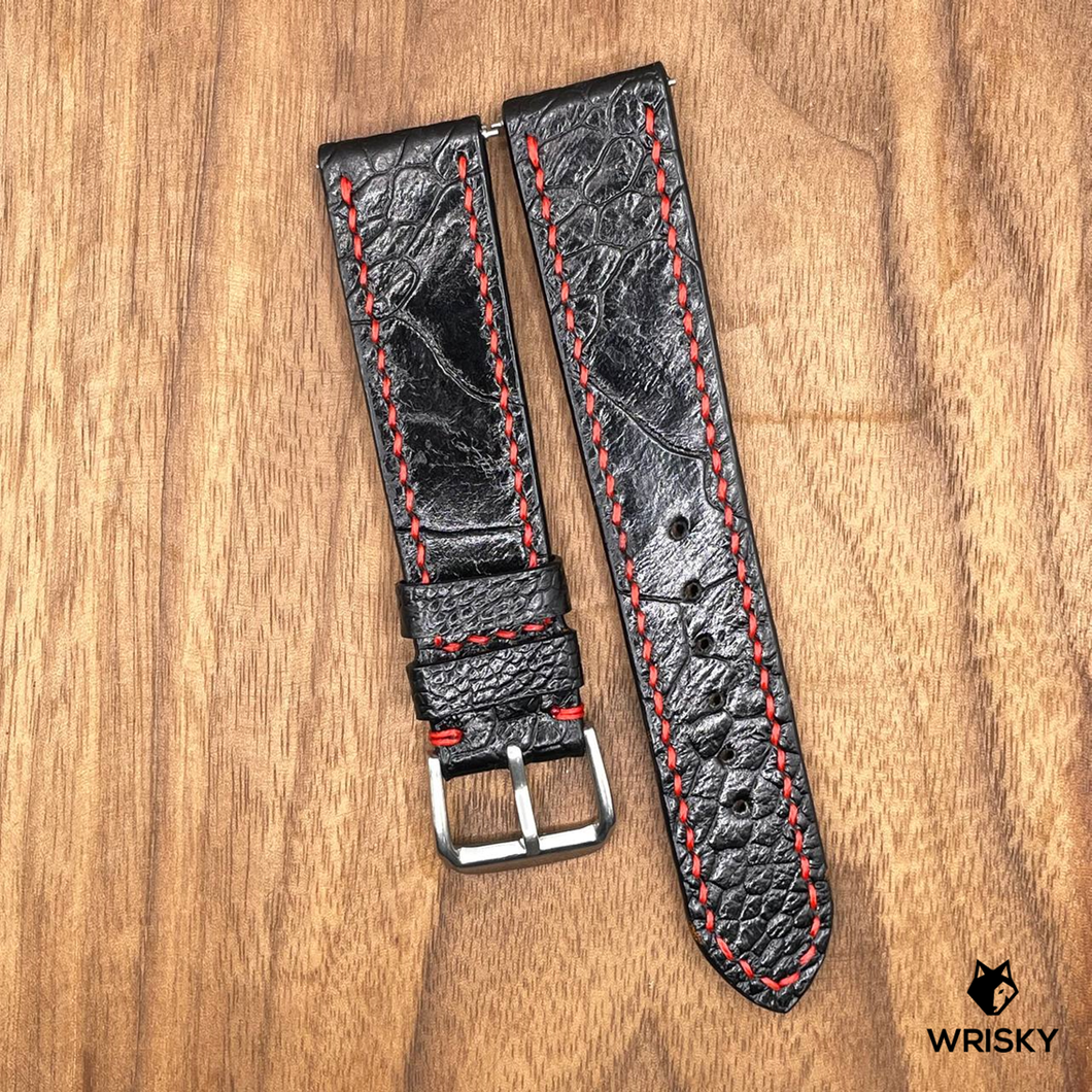 #837 (Quick Release Spring Bar) 20/18mm Black Ostrich Leg Leather Watch Strap with Red Stitches