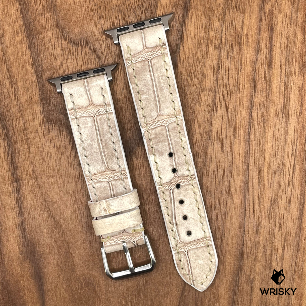 #738 (Suitable for Apple Watch) Himalayan Crocodile Belly Leather Watch Strap with Cream Stitches
