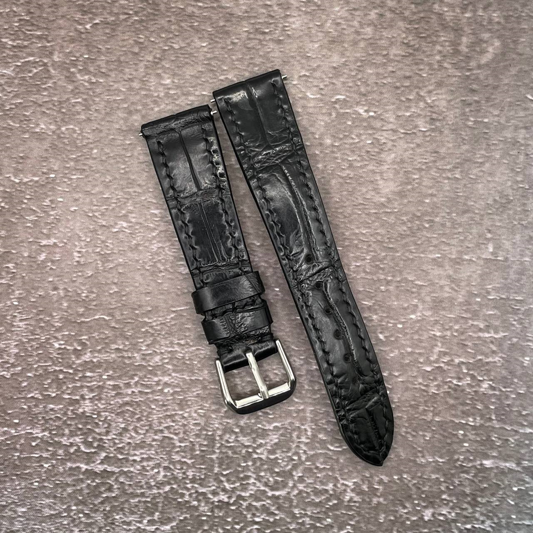 #612 20/16mm (Quick Release Spring Bar) Black Crocodile Belly Leather Watch Strap With Black Stitch