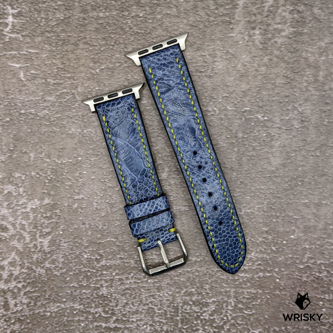 #504 (For Apple Watch) Deep Sea Blue Ostrich Leg Leather Watch Strap with Bright Green Stitches
