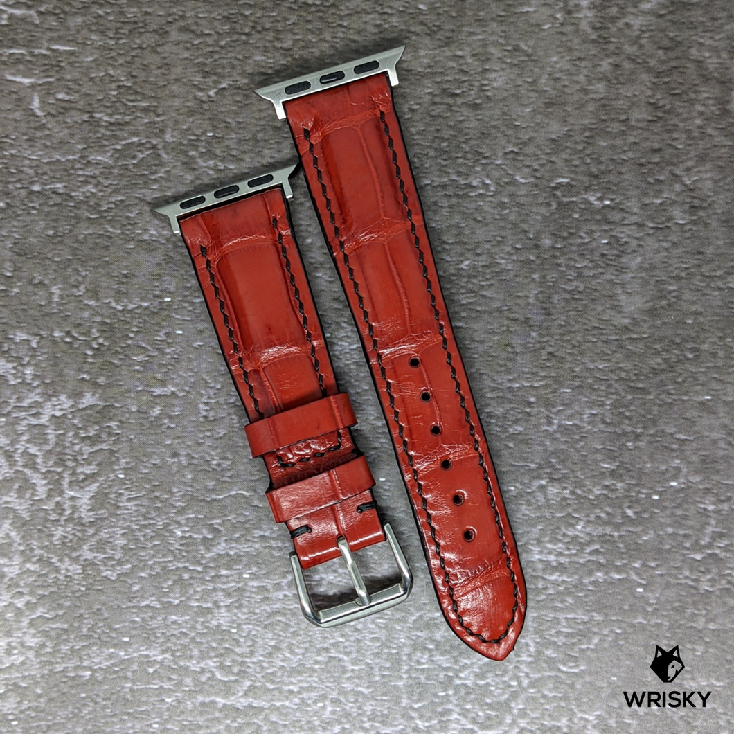 #428 (Suitable for Apple Watch) Fiery Red Crocodile Belly Leather Watch Strap with Black Stitches