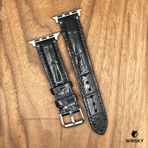 #878 (Suitable for Apple Watch) Black Crocodile Belly Leather Watch Strap with Black Stitches