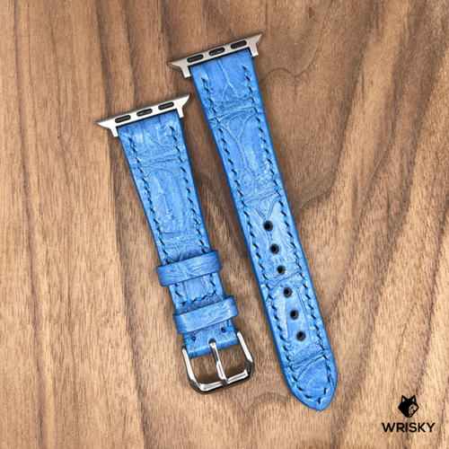 #986 (Suitable for Apple Watch) Sky Blue Crocodile Belly Leather Watch Strap with Sky Blue Stitches