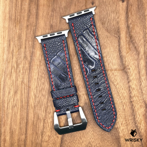 #816 (Suitable for Apple Watch) Deep Sea Blue Ostrich Leg Leather Watch Strap with Red Stitches