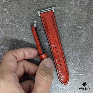 #428 (Suitable for Apple Watch) Fiery Red Crocodile Belly Leather Watch Strap with Black Stitches
