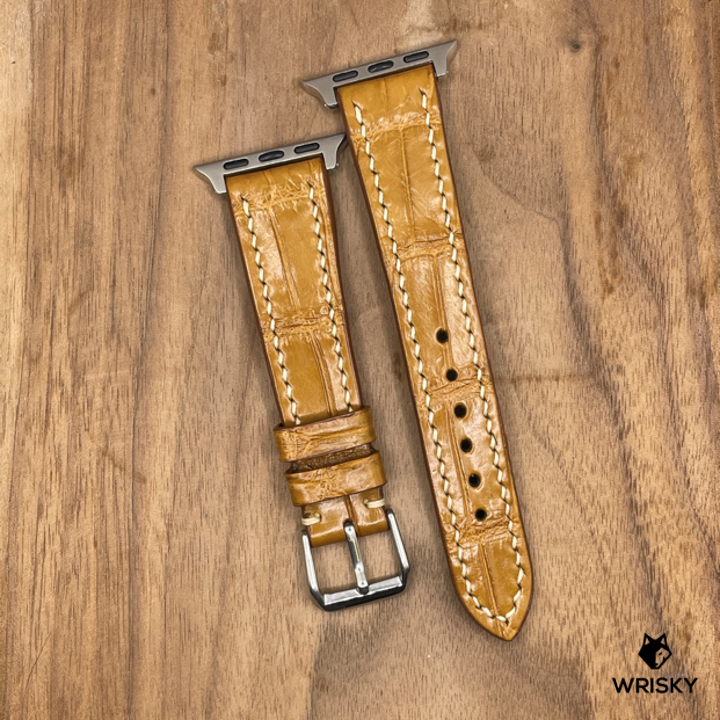#965 (Suitable for Apple Watch) Cognac Brown Crocodile Belly Leather Watch Strap with Cream Stitches