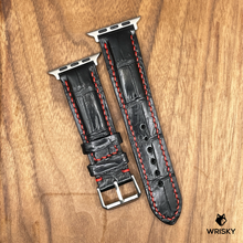 Load image into Gallery viewer, #879 (Suitable for Apple Watch) Black Crocodile Belly Leather Watch Strap with Red Stitches
