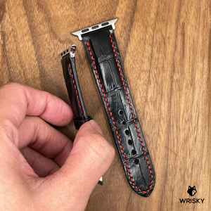 #879 (Suitable for Apple Watch) Black Crocodile Belly Leather Watch Strap with Red Stitches