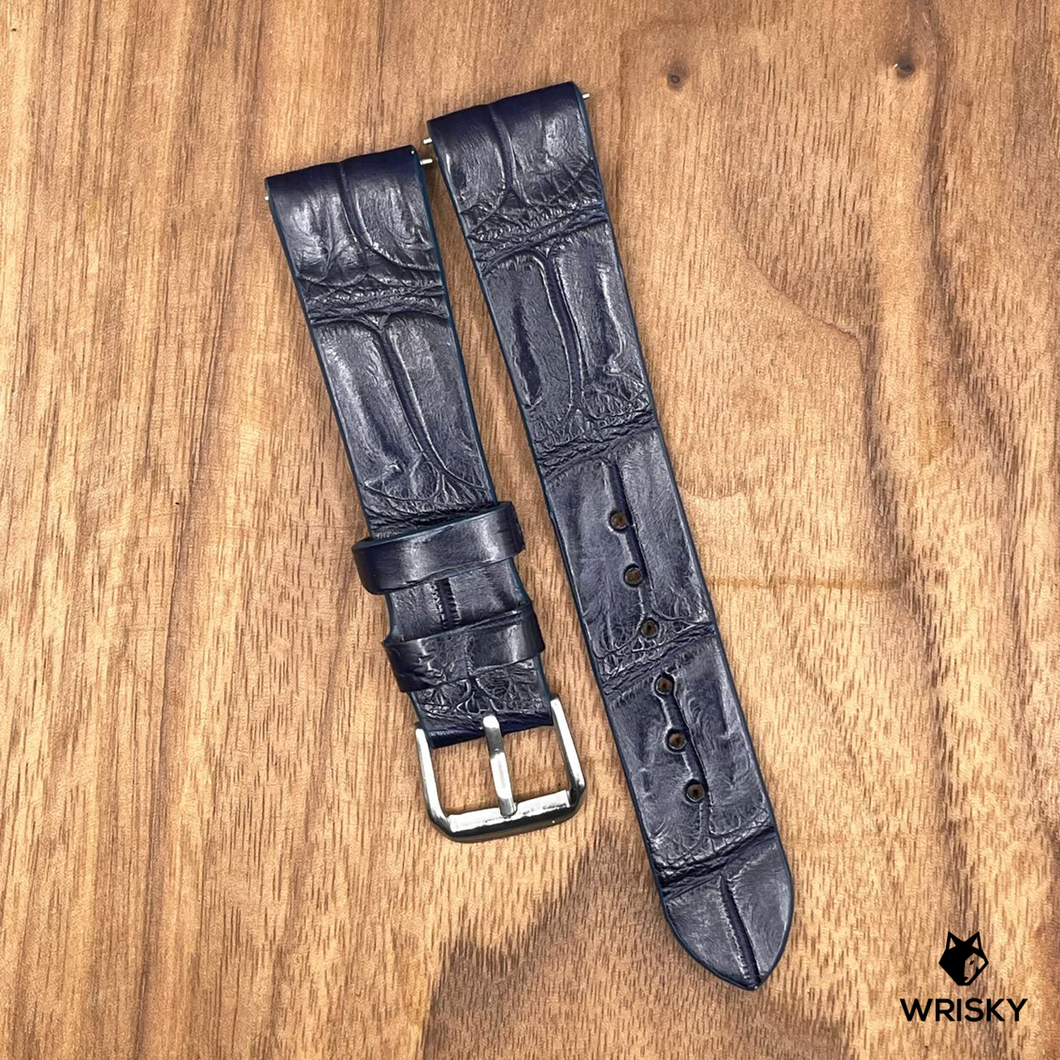 #778 (Quick Release Spring Bar) 19/16mm Dark Blue Crocodile Belly Leather Watch Strap with Black Stitches