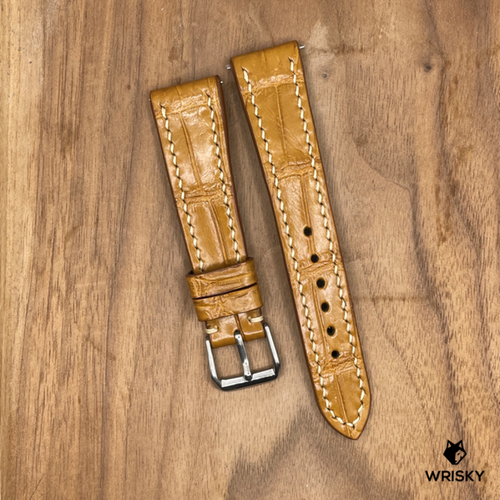 #957 (Quick Release Spring Bar) 20/18mm Cognac Brown Crocodile Belly Leather Watch Strap with Cream Stitches