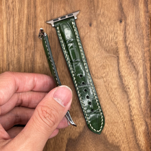 Load image into Gallery viewer, #703 (Suitable for Apple Watch) Dark Green Crocodile Belly Leather Watch Strap with Cream Stitches