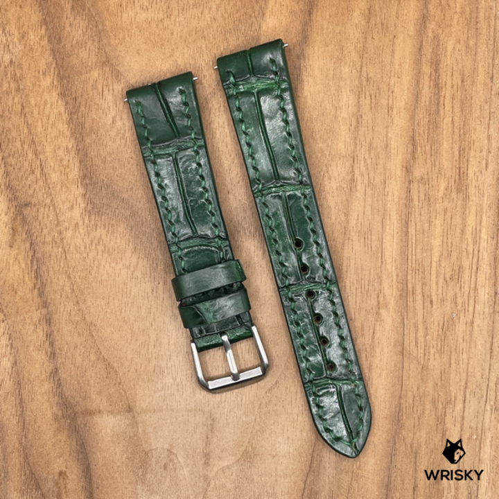 #1070 (Quick Release Spring Bar) 19/16mm Dark Green Crocodile Belly Leather Watch Strap with Green Stitches