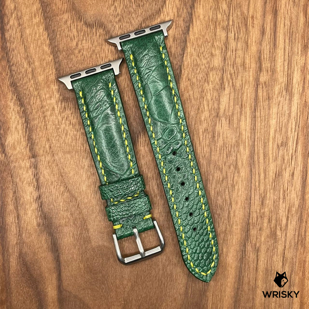 #646 (Suitable for Apple Watch) Emerald Green Ostrich Leg Leather Watch Strap with Yellow Stitches