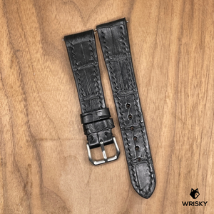 #1016 (Quick Release Spring Bar) 20/16mm Black Crocodile Belly Leather Watch Strap with Black Stitches