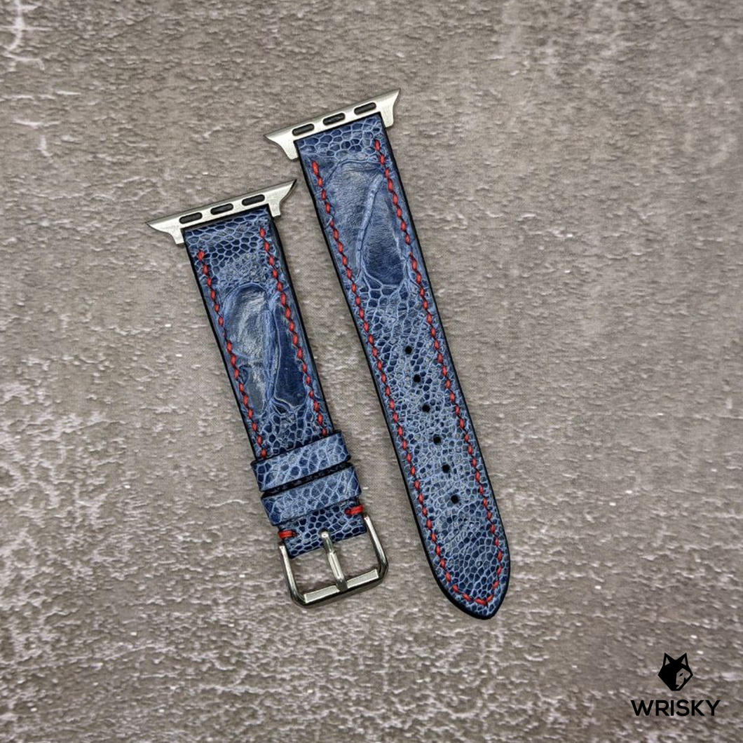 #507 (For Apple Watch) Deep Sea Blue Ostrich Leg Leather Watch Strap with Red Stitches