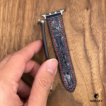 Load image into Gallery viewer, #629 (Suitable for Apple Watch) Dark Blue Hornback Crocodile Leather Watch Strap with Red Stitches