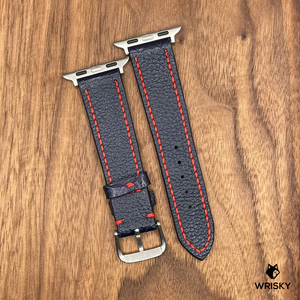 #629 (Suitable for Apple Watch) Dark Blue Hornback Crocodile Leather Watch Strap with Red Stitches