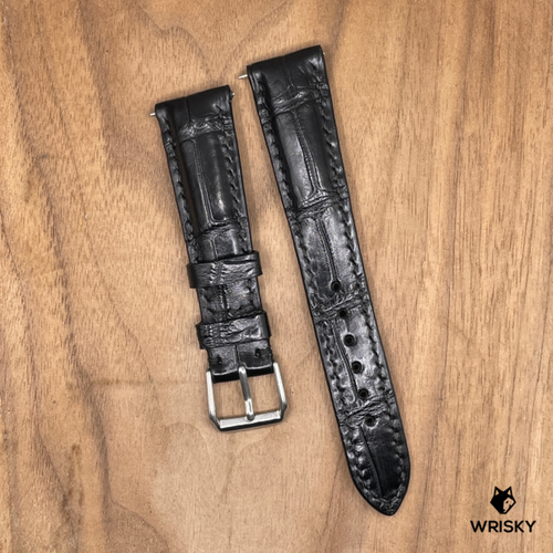 #1017 20/16mm Black Crocodile Belly Leather Watch Strap with Black Stitches