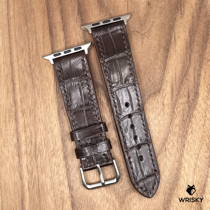 #994 (Suitable for Apple Watch) Dark Brown Crocodile Belly Leather Watch Strap with Dark Brown Stitches