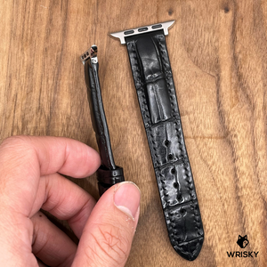 #819 (Suitable for Apple Watch) Black Crocodile Belly Leather Watch Strap with Black Stitches