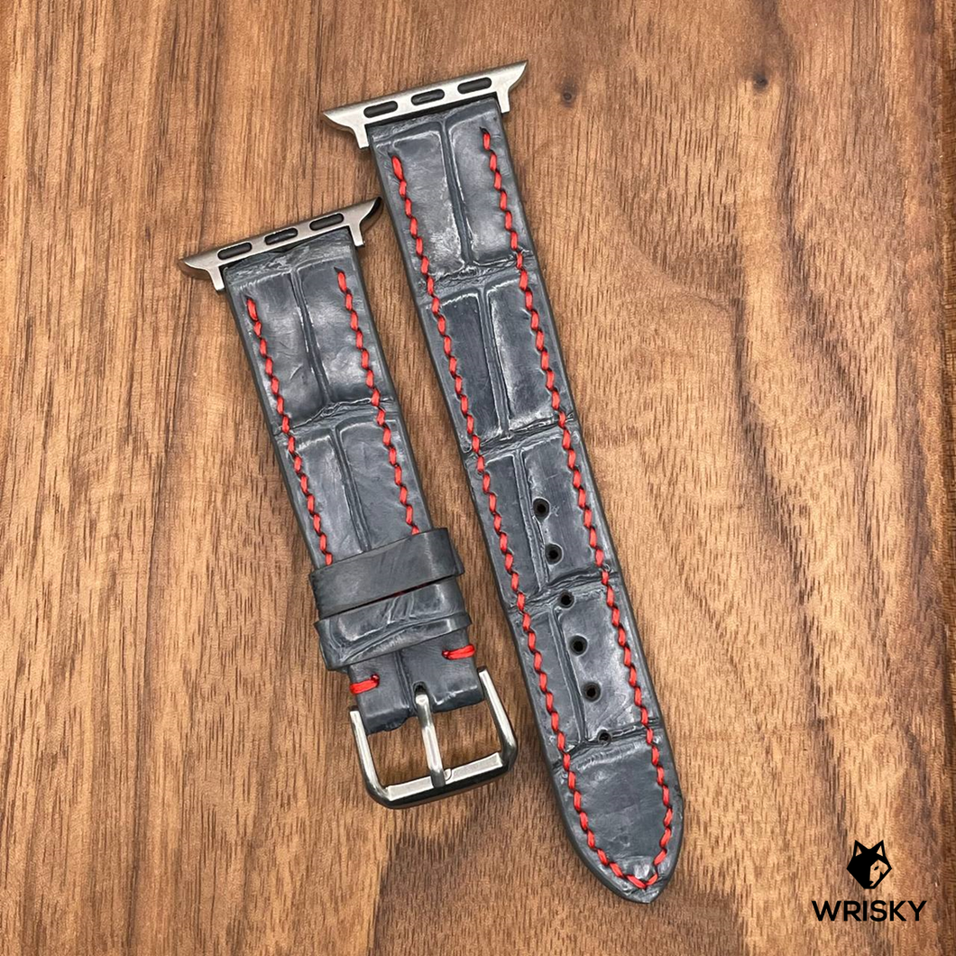 #631 (Suitable for Apple Watch) Gunmetal Grey Crocodile Belly Leather Watch Strap with Red Stitches