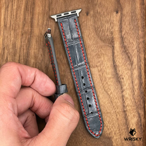 #631 (Suitable for Apple Watch) Gunmetal Grey Crocodile Belly Leather Watch Strap with Red Stitches