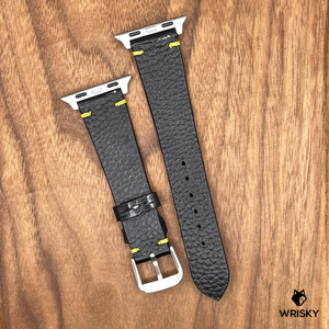 #743 (Suitable for Apple Watch) Black Crocodile Belly Leather Watch Strap with Yellow Vintage Stitch