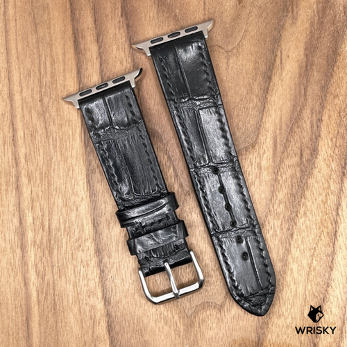 #990 (Suitable for Apple Watch) Black Crocodile Belly Leather Watch Strap with Black Stitches