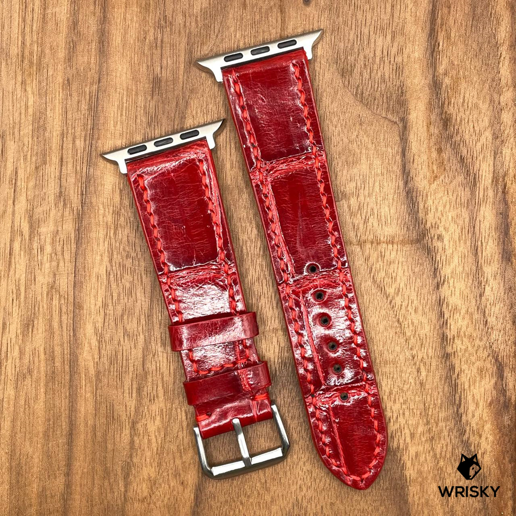 #841 (Suitable for Apple Watch) Gloss Red Crocodile Belly Leather Watch Strap