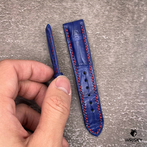 #525 20/18mm Royal Blue Crocodile Belly Leather Watch Strap with Red Stitches