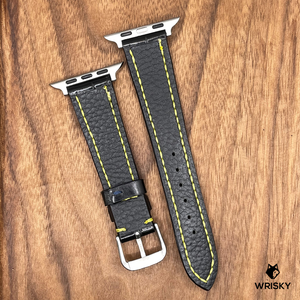 #742 (Suitable for Apple Watch) Black Crocodile Belly Leather Watch Strap with Yellow Stitches