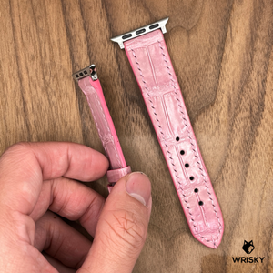 #924 (Suitable for Apple Watch) Baby Pink Crocodile Belly Leather Watch Strap with Pink Stitches