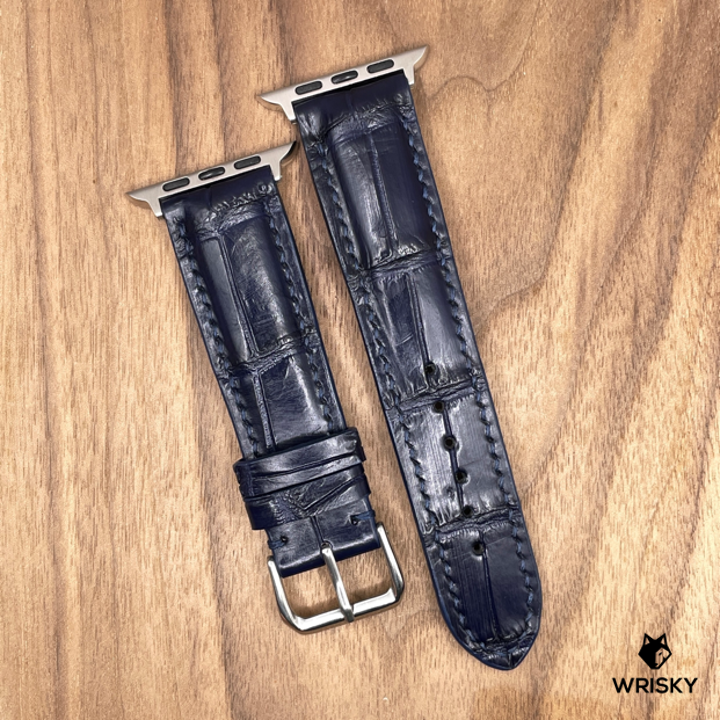 #992 (Suitable for Apple Watch) Dark Blue Crocodile Belly Leather Watch Strap with Blue Stitches