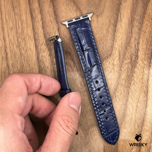 #925 (Suitable for Apple Watch) Blue Crocodile Belly Leather Watch Strap with Blue Stitches