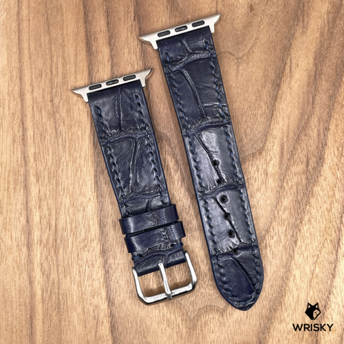 #987 (Suitable for Apple Watch) Dark Blue Crocodile Belly Leather Watch Strap with Blue Stitches