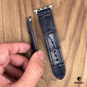 #987 (Suitable for Apple Watch) Dark Blue Crocodile Belly Leather Watch Strap with Blue Stitches