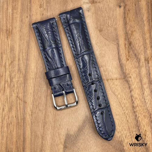 #948 (Quick Release Spring Bar) 21/18mm Dark Blue Crocodile Belly Leather Watch Strap with Dark Blue Stitches